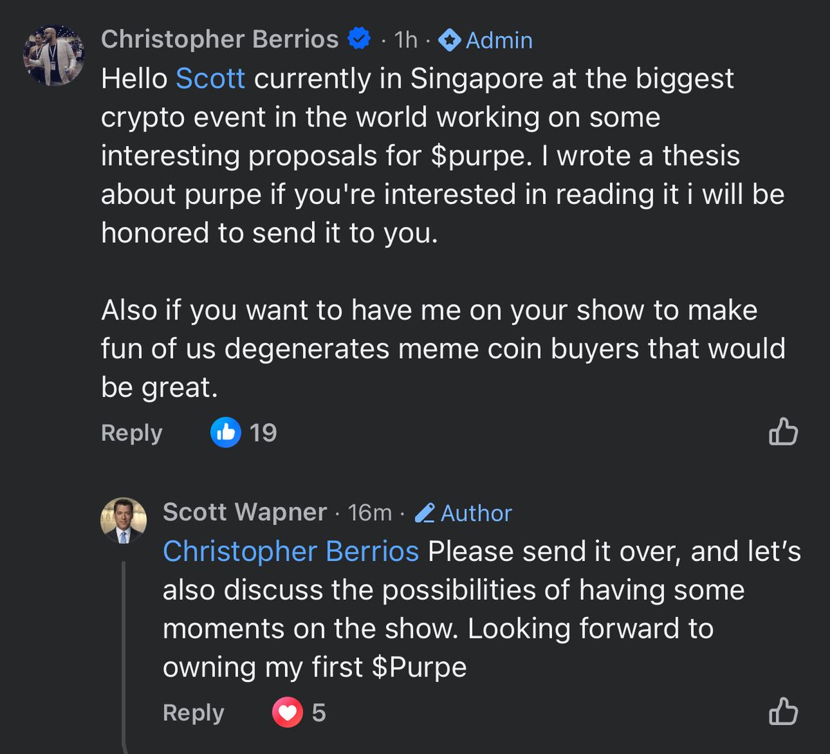 The longer the $PURPE community grinds in the trenches, the more doors open. Even <a href="/ScottWapnerCNBC/">Scott Wapner</a>, host of CNBC’s Half Time Report, has taken notice of Purpe and is considering joining the movement.

He originally called it purple but he corrected himself later in the