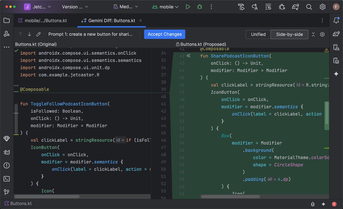 AndroidStudio's tweet image. For more complex tasks, Gemini's code transformation feature can generate entire methods and classes → goo.gle/4lwESyj
Simply right-click, describe the code you need, and Gemini will propose the changes as a diff that you can review and accept.
