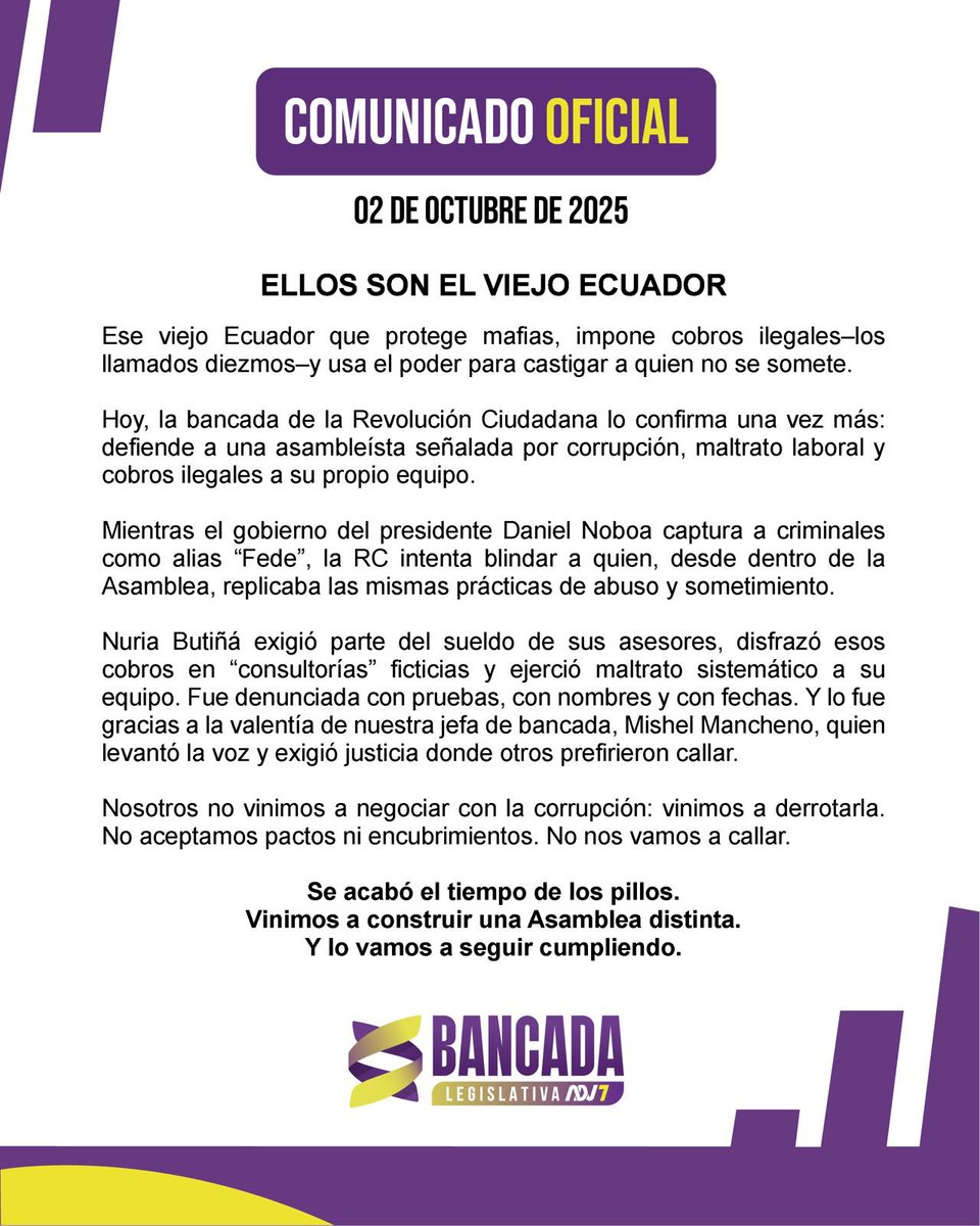 🟣COMUNICADO🟣

La Revolución Ciudadana defiende a una asambleísta señalada por corrupción, maltrato laboral y cobros ilegales a su propio equipo. 

Ellos son el viejo Ecuador. 

<a href="/Adnecuadorok/">AdnEcuadorOk</a> <a href="/mishelmanchenok/">Mishel Mancheno</a>