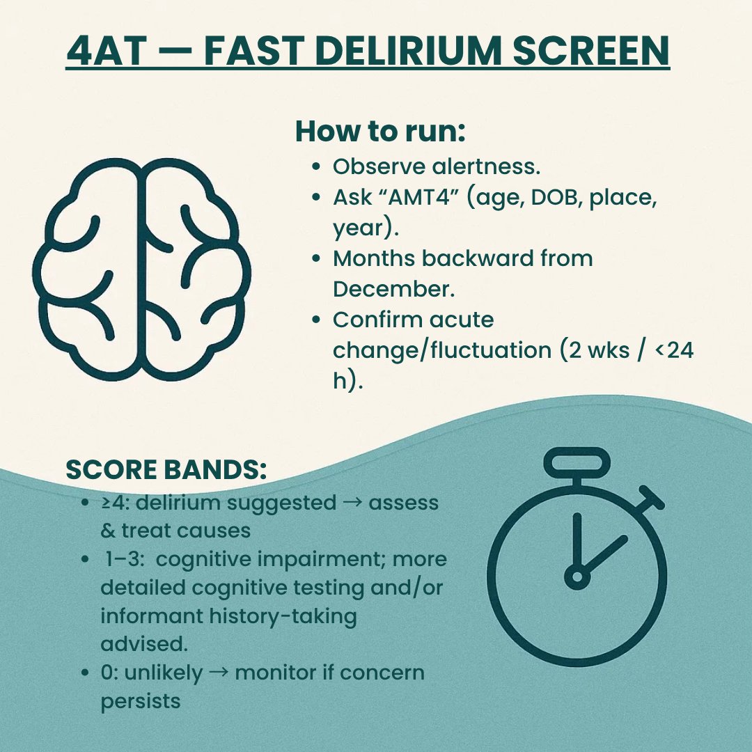4AT = “4 A’s Test” was developed in 2011 by Prof. A. MacLullich as a fast bedside screen for delirium.
The four A’s are: Alertness, AMT4, Attention, Acute change/fluctuation.
It flags who needs attention and gives a good starting point for assessment; diagnosis is still clinical.