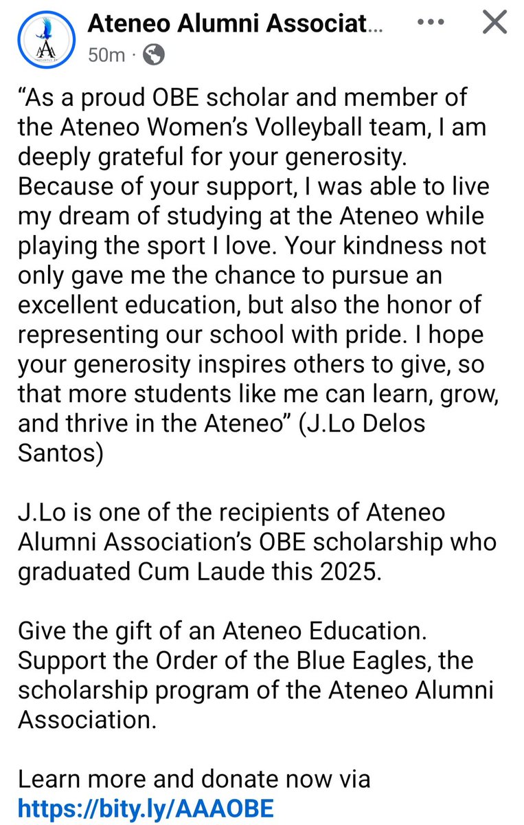TeamAMDG's tweet photo. Ateneo Alumni Association:

"As a proud OBE scholar and member of the Ateneo Women’s Volleyball team, I am deeply grateful for your generosity. Because of your support, I was able to live my dream of studying at the Ateneo while playing the sport I love."

- JLo Delos Santos https://t.co/yQWhHOXfB3