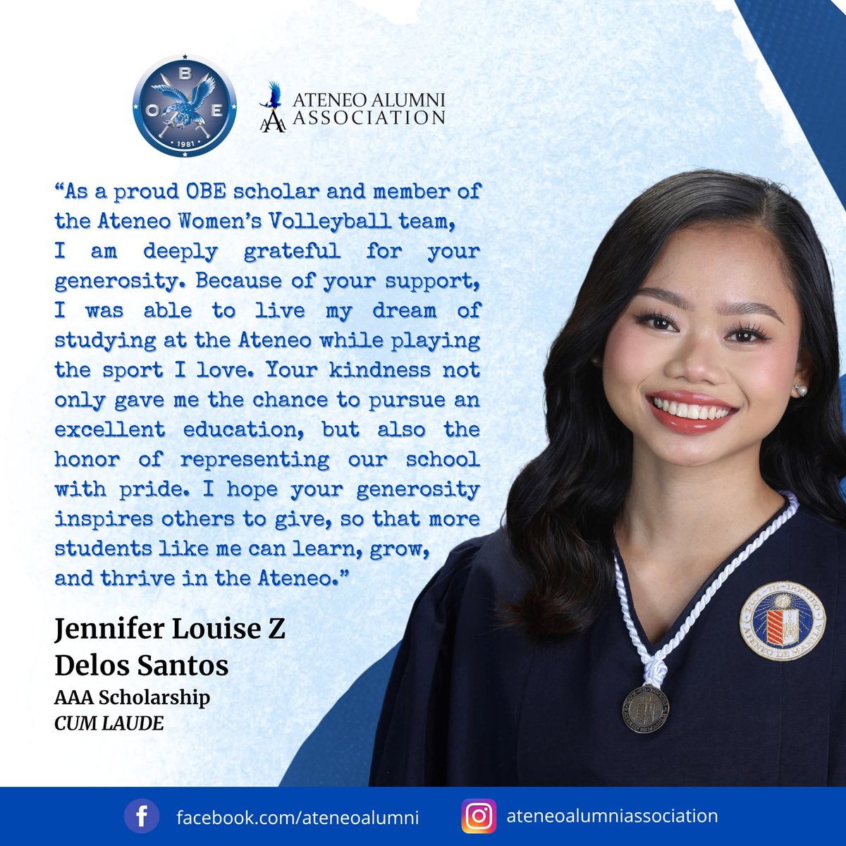 TeamAMDG's tweet photo. Ateneo Alumni Association:

"As a proud OBE scholar and member of the Ateneo Women’s Volleyball team, I am deeply grateful for your generosity. Because of your support, I was able to live my dream of studying at the Ateneo while playing the sport I love."

- JLo Delos Santos https://t.co/yQWhHOXfB3