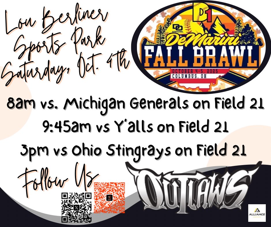 2011OhioOutlaws's tweet photo. Your Outlaws Premier 14U Popowitz squad is heading back to the fields of Berliner Park in Columbus, Ohio, this weekend for the D1 DeMarini Fall Brawl. Check us out on AthletesGoLive or live in person on Field 21 all day for pool play on Saturday. @d1fastpitch1 @thealliancefp https://t.co/d9m4DSwxkc