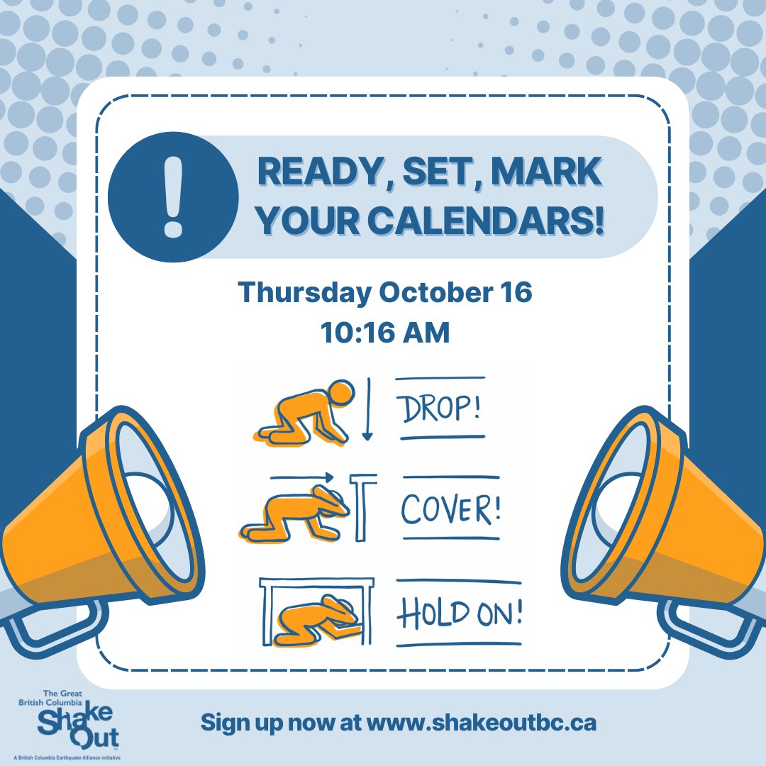 Be prepared! Join The Great BC ShakeOut on October 16 at 10:16 a.m. and practice Drop, Cover, and Hold On. 

Join #ShakeOutBC2025 and practice earthquake safety anywhere. It's a simple step that could save a life.

#EarthquakeSafety #EarthquakePreparedness #StaySafeBC