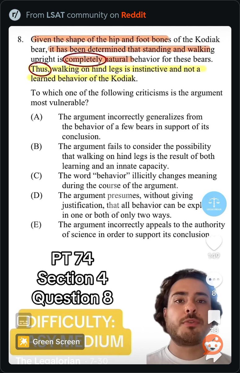 CJmoonsailer's tweet photo. @TheUncleRicoSho I’d love to see John read and answer this medium difficulty LSAT sample question on stream. https://t.co/UoBu33v1SR