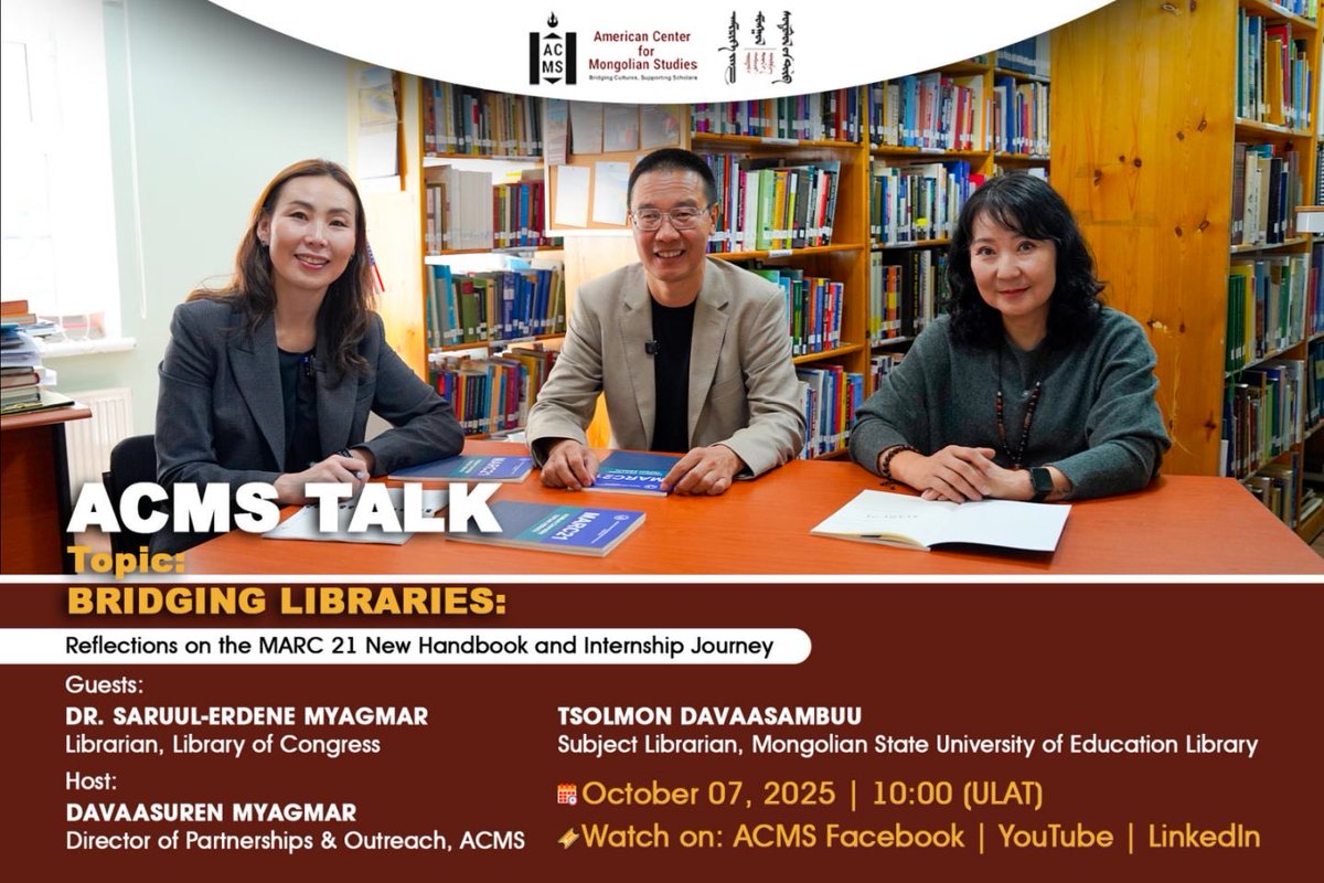 🌍 On World Teachers’ Day, ACMS honors Dr. Saruul-Erdene Myagmar — teacher, librarian &amp; linguist.

Through the #ACMS Fellowship, he trained 100+ 🇲🇳 librarians &amp; co-launched the MARC 21 guideline in Mongolian.

📺 Watch our talk
🗓 Oct 7, 2025 | ⏰ 10AM ULAT
👉 On ACMS channels