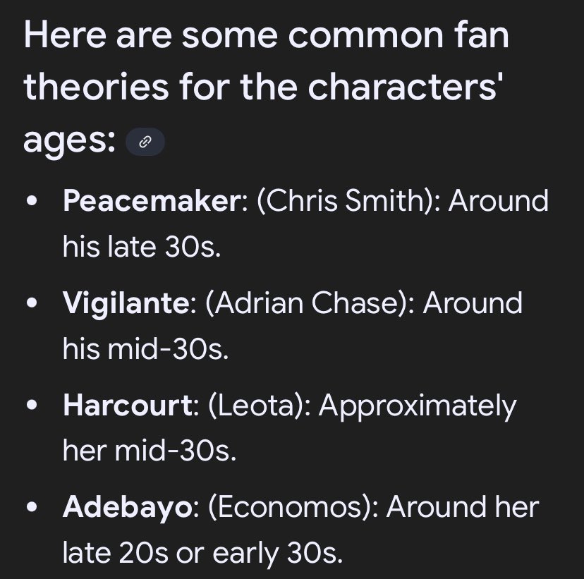 Google ai about #peacemaker ages. Gotta love my fav character Adebayo (economos)