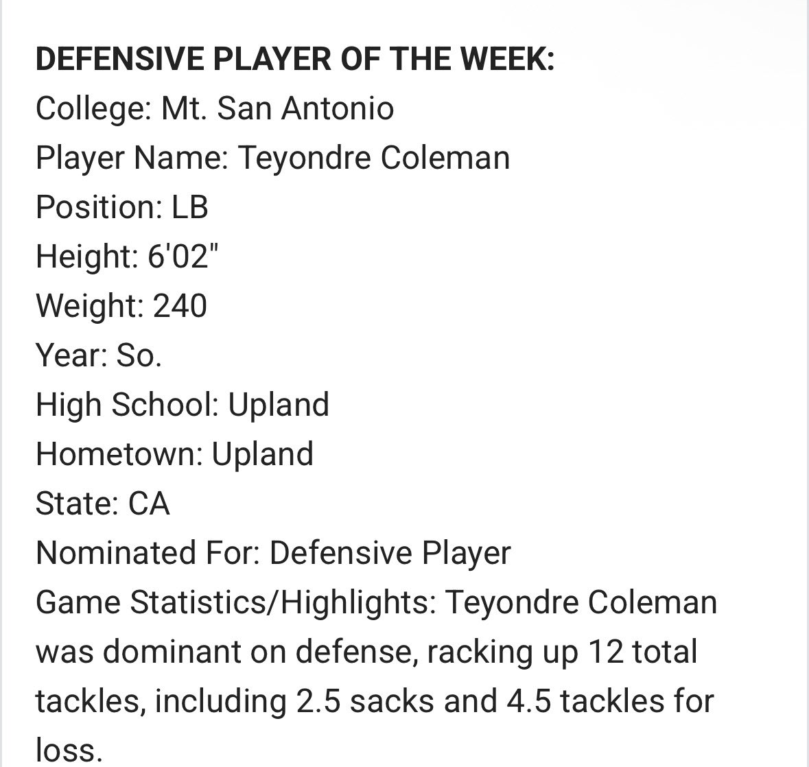 blessed to receive defensive player of the week. <a href="/mtsacfootball/">Mt. SAC Football</a> <a href="/D_DUBB9/">Darrell Wilson Jr</a> <a href="/CoachLJJohnson/">Coach Johnson</a> <a href="/CoachNealy/">Barrick Nealy</a>