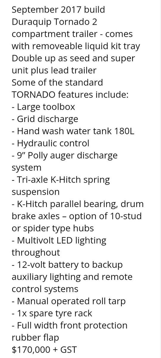 CorbinSchuster's tweet image. Wouldn&apos;t normally use X as a place to sell goods, but if anyone&apos;s in the market for a Duraquip Tornado A-trailer (2 compartment belly-dumper), ours is for sale.
Reason for the sale, we&apos;ve upgraded to a B-trailer Tornado for use in a road train combination.
Have used it as our…