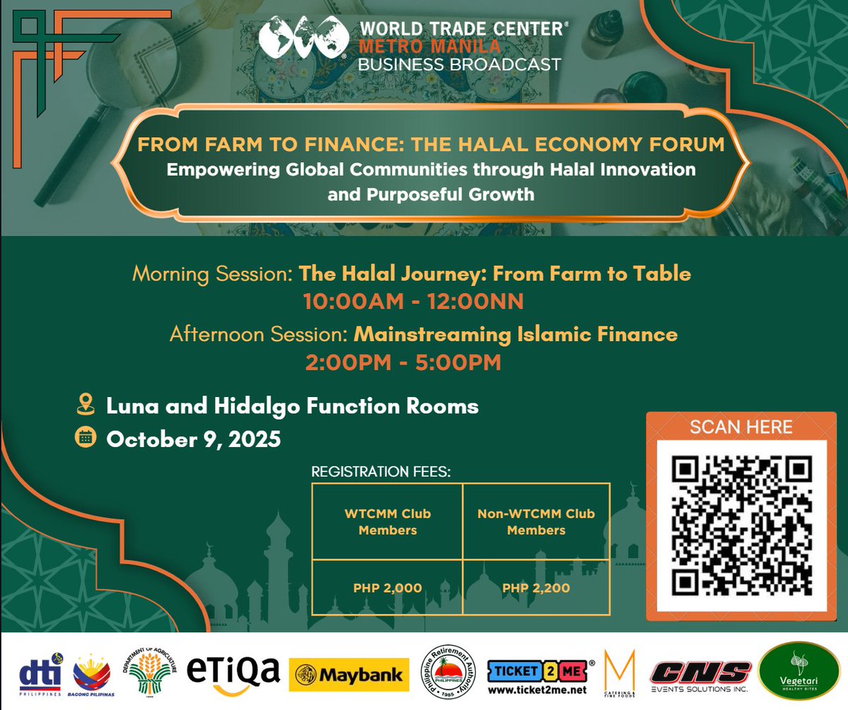 🚨 The Halal Economy is Booming 🚨 📍 Join us on Oct 9 for the Halal Economy Forum which brings together top minds and industry leaders to explore "The Halal Journey: From Farm to Table" in the morning, and "Islamic Finance" in the afternoon. 🔗 Scan the QR to register now #WTCMM