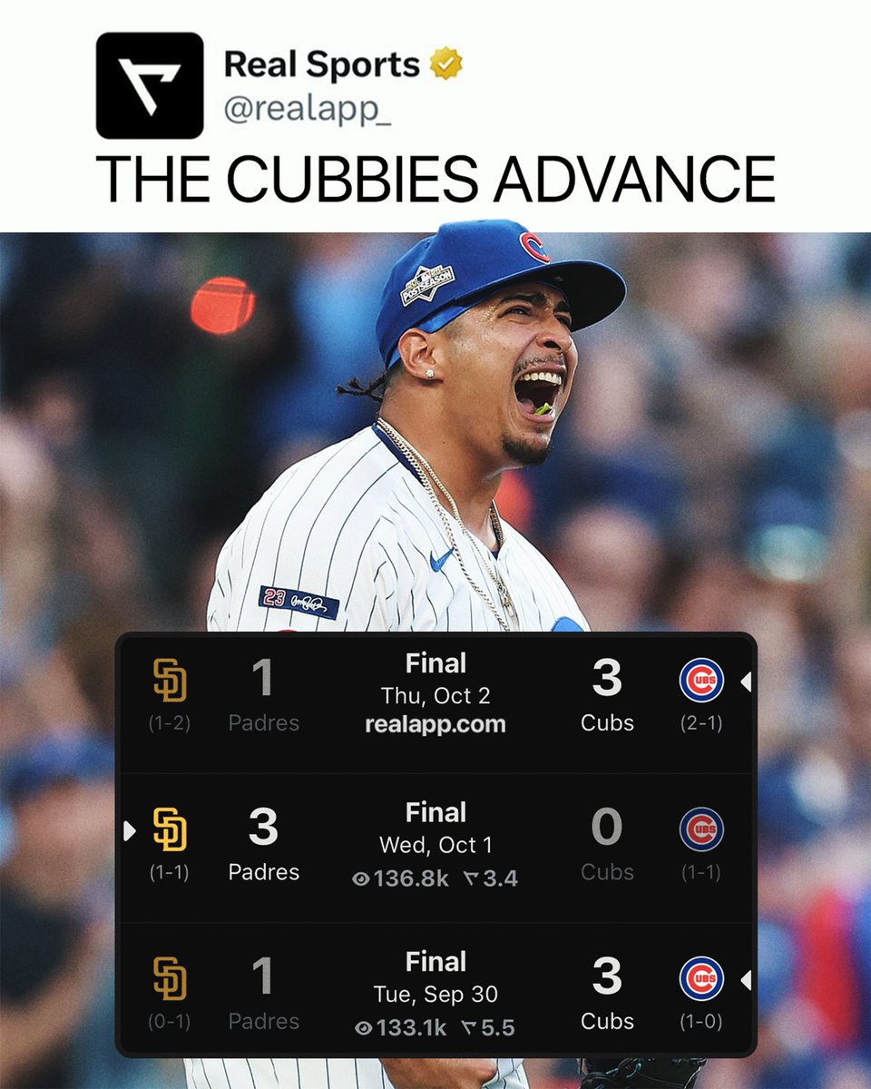 MLBonReal's tweet photo. THE CUBS ARE HEADED TO THE NLDS 😤 https://t.co/NcCteTnLR5