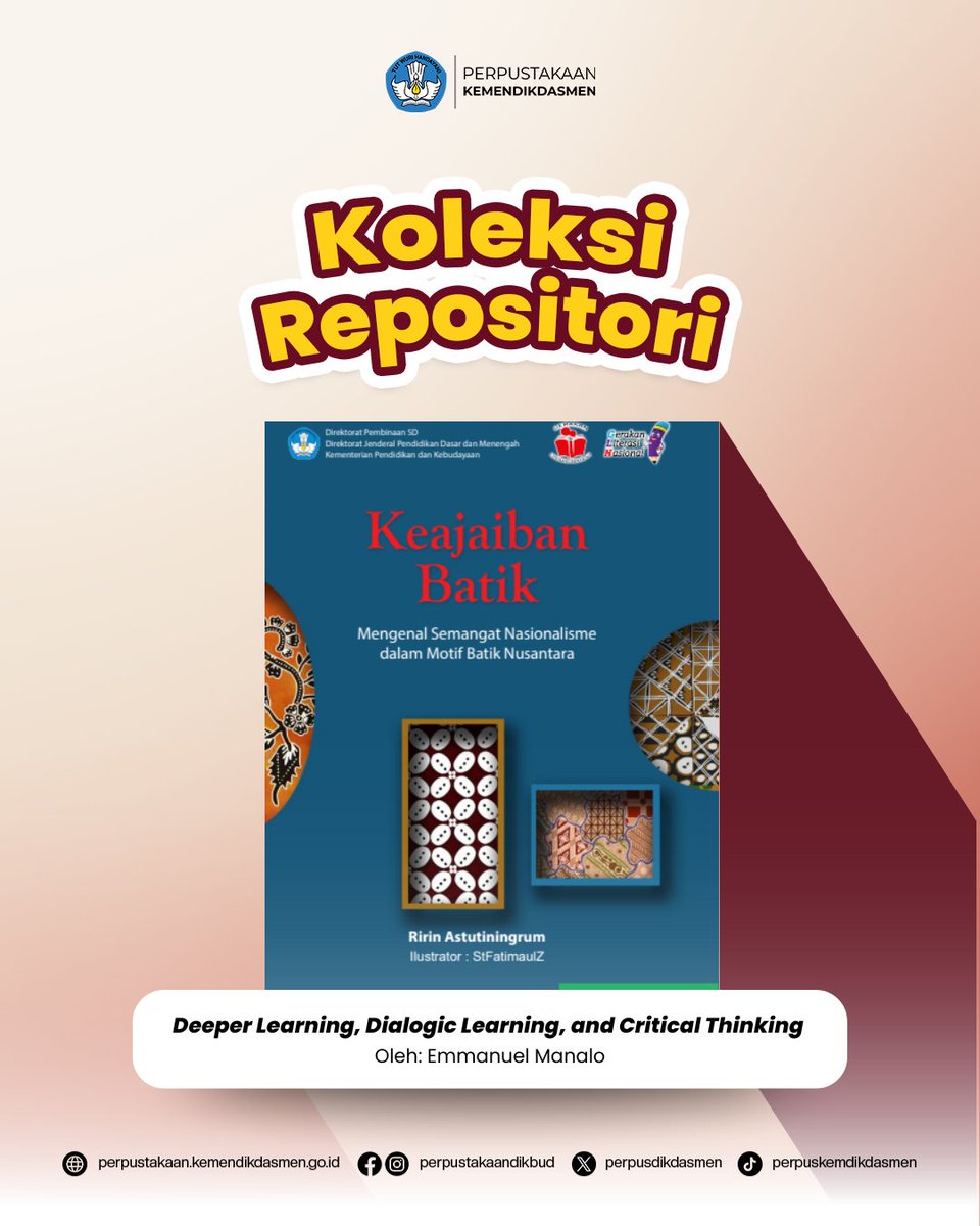 perpusdikdasmen's tweet image. Salah satu kekayaan budaya Indonesia adalah kain batik. Batik merupakan ciri khas Indonesia yang mengandung segala hal tentang Indonesia. Motif batik memiliki makna tertentu yang mulia. Buku ini dilengkapi gambar untuk setiap motif.
Yuk, baca di repositori.kemendikdasmen.go.id/19890/.
#batik