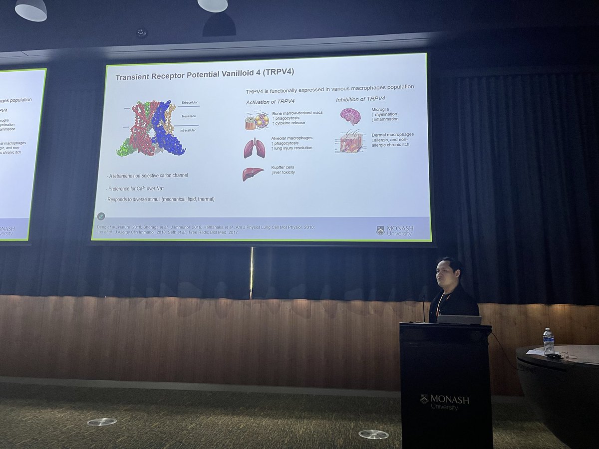 ImmuMon's tweet image. Exciting presentation from Nathan Nguyen (MIPS) on TRPV4 in macrophages. 🧬
Using multi-omics, he uncovered new functional roles for this ion channel in regulating immune responses. #Immunology #MIPS #Monash