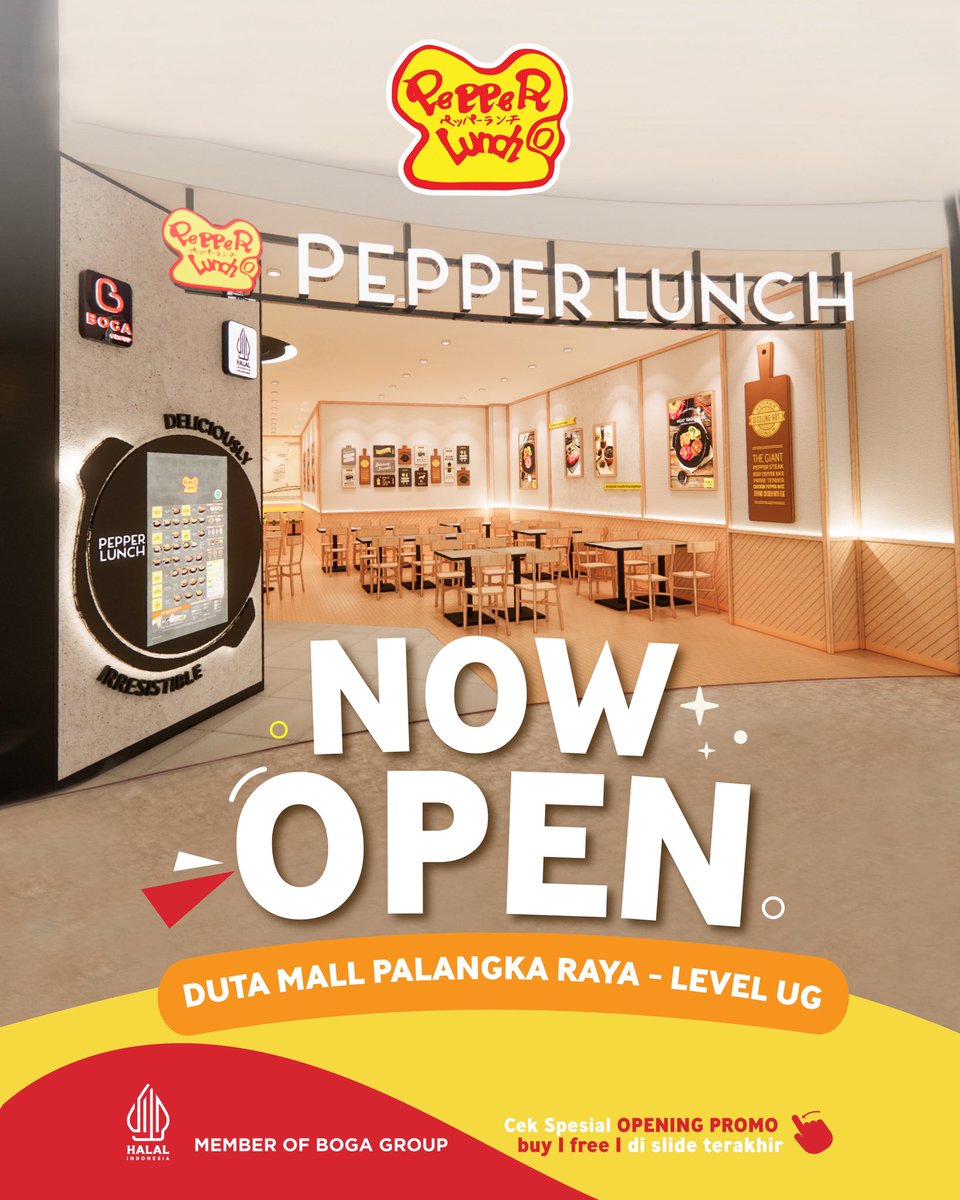 PepperLunchID's tweet photo. Akhirnya warga Palangka Raya bisa makan pepper rice dekat rumah 😋

Pepper Lunch Duta Mall Palangka Raya ada di UG ya! Cek rekomendasi menu yang wajib kamu coba &amp; ada PROMO SPESIAL OPENING juga, lho 👆🏻

Langsung ajak teman &amp; keluarga yang mau kamu ajak makan bareng~ https://t.co/dgppXzDN4u