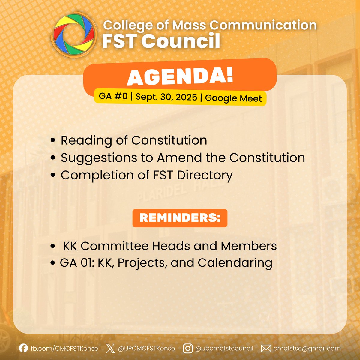 Are you ready FSTs? 🗣️

The ‘25-‘26 UP CMC FST Konse held their General Assembly #00 last September 30, 2025!

View the full minutes of the assembly here: bit.ly/Konse2526MOTMs