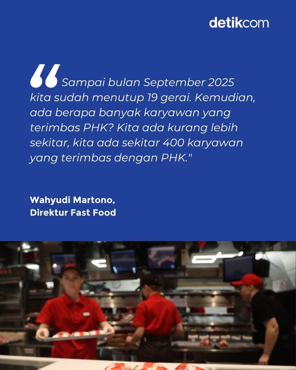 detikfinance's tweet photo. PT Fast Food Indonesia Tbk (FAST), emiten pengelola restoran cepat saji KFC, resmi menutup 19 gerai hingga September 2025. Dampaknya, ratusan karyawan terkena PHK.โฃ
โฃโฃ
>> https://t.co/uaJ2ww7fBX
#kfc #kfcindonesia #fastfood #phk #detikfinance https://t.co/YE2FhWsAXy