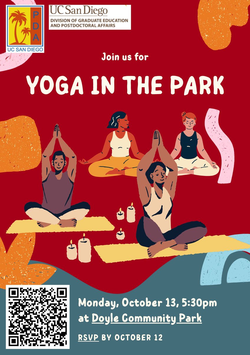 UCSDPDA's tweet image. Bring your yoga mat, water bottle, and positive energy to Doyle Park for a yoga day
Date: Monday, 13 October 2025, from 5:30 PM - 6:30 PM at Doyle Community Park
RSVP: buff.ly/S87PaMx 
UC San Diego Recreation rents out yoga mats for $5 per day.
contact dstehle@ucsd.edu