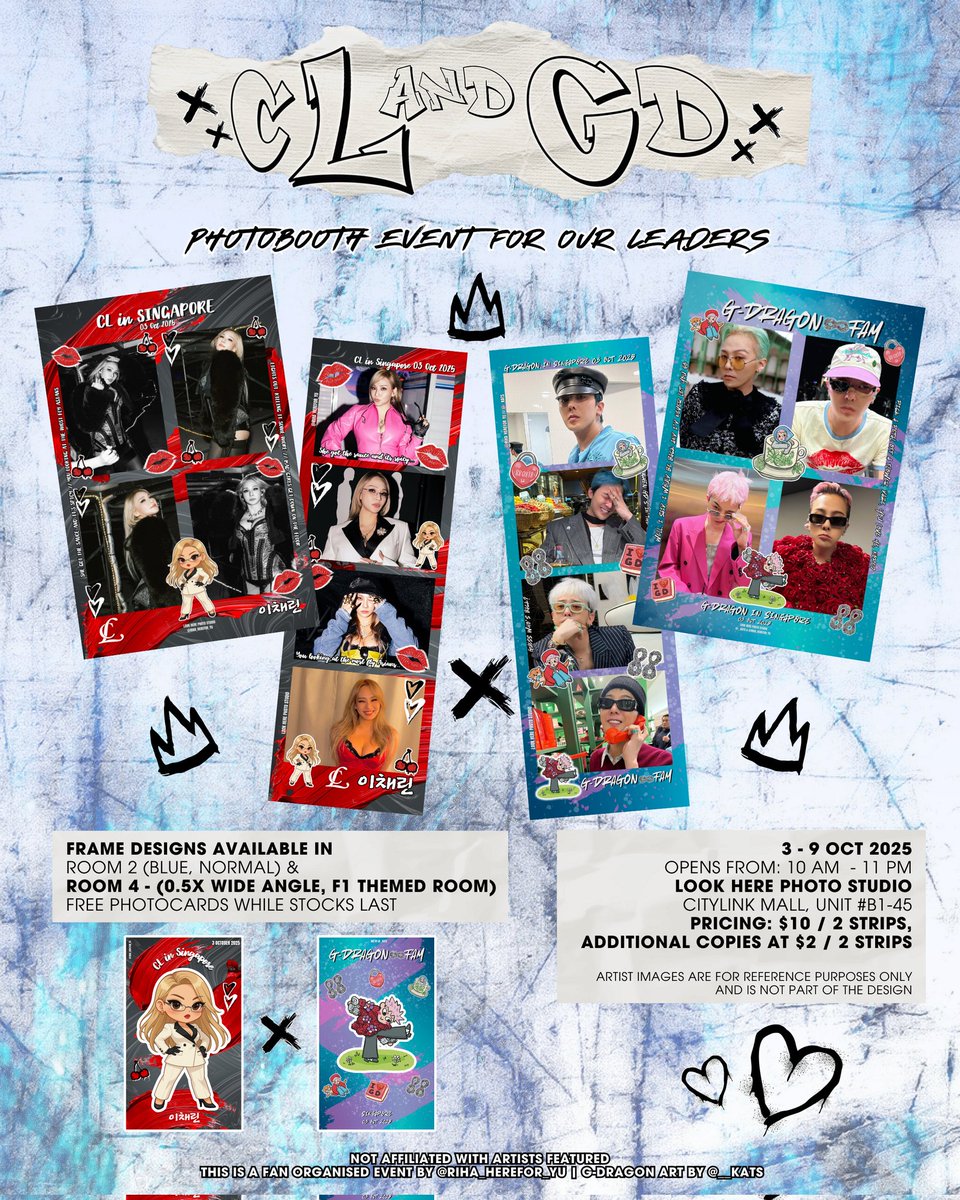 helloriha's tweet photo. LEADERS in SG Photobooth Event 
🍒x🌼

Celebrating CL &amp; G-DRAGON's performance for F1 in SG🇸🇬

Details:
3-9 Oct 2025, 10am till 11pm
Look Here Photo Studio
City Link Mall #B1-45 
Nearest MRT: City Hall &amp; Esplanade
See u there, GZB &amp; FAM! 
🍒🌼🎉💞 

#gd #gdragon #cl #leechaerin https://t.co/8SvaP4Afpg