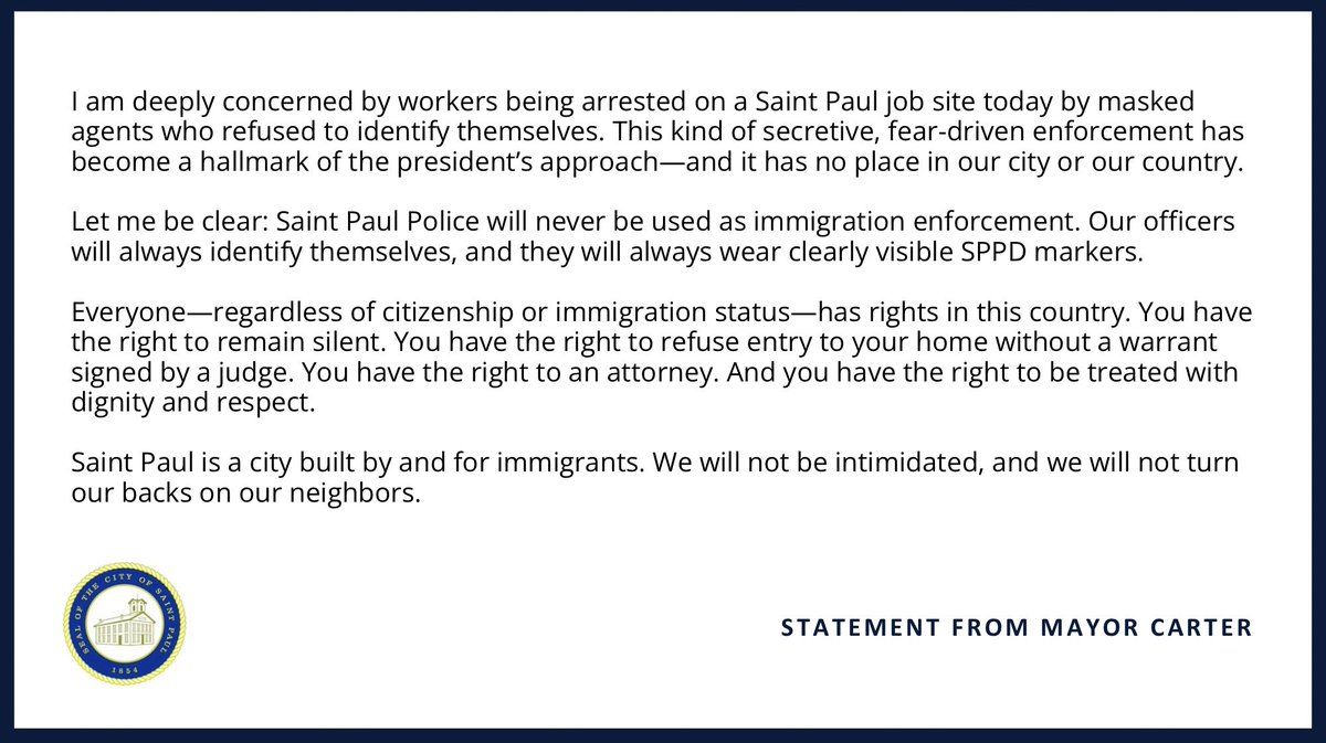 I am deeply concerned workers were arrested on a Saint Paul job site today by masked agents who refused to identify themselves. This secretive, fear-driven enforcement has become a hallmark of the president’s approach. It has no place in our country.

Read my full statement.