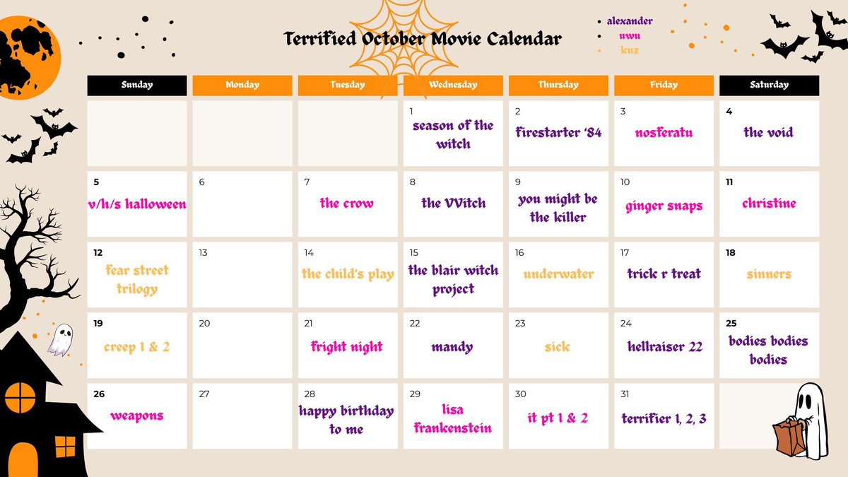 terrifiediscord's tweet photo. We have made some updates to our watch party calendar but only The Void and Christine have swapped places any other updates we’ll let you all know! We hope to see you guys there 🖤 https://t.co/drMZgOcfRO