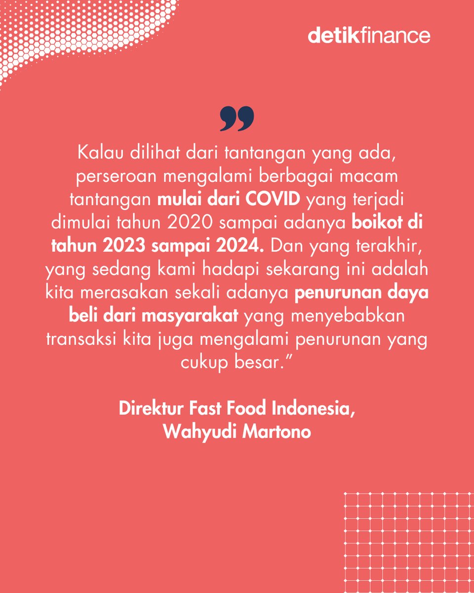 detikfinance's tweet photo. PT Fast Food Indonesia Tbk (KFC Indonesia) melaporkan penurunan pendapatan pada semester I 2025 sebesar Rp 77 miliar, dari sebelumnya Rp 2,48 triliun menjadi Rp 2,40 triliun.
โฃ
>> https://t.co/goZjvmcgnn
#KFC #KFCIndonesia https://t.co/1DB19kgFPA