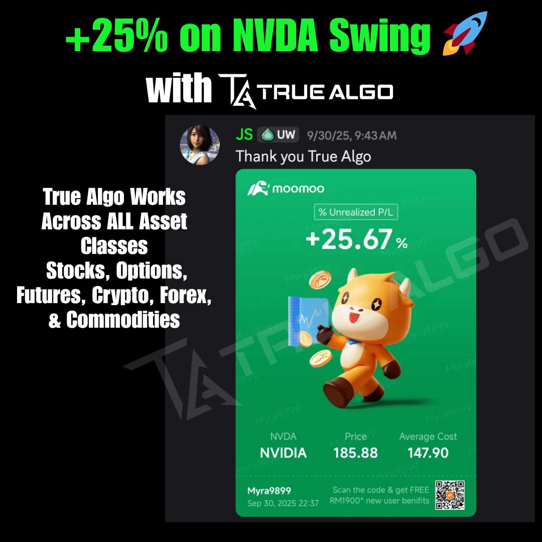 True_Algo's tweet image. 🚨 Stocks too?! YES. 🚨
True Algo isn’t just for futures or forex—our system works across all asset classes.
One of our members just secured a +25% swing trade on $NVDA using the same edge True Algo provides every day. 📈🔥
That means whether you’re trading:
✅ Stocks
✅…