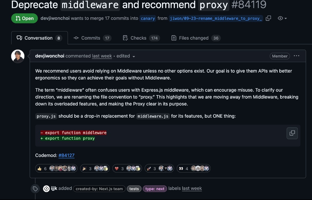 chinmay_jain_'s tweet image. middleware.js is now deprecated in Next.js.
The new recommended way: proxy.js.
Cleaner, avoids confusion, and aligns with modern Next.js patterns.
Upgrade early → avoid pain later. 🚀 #Nextjs #Webdevelopement