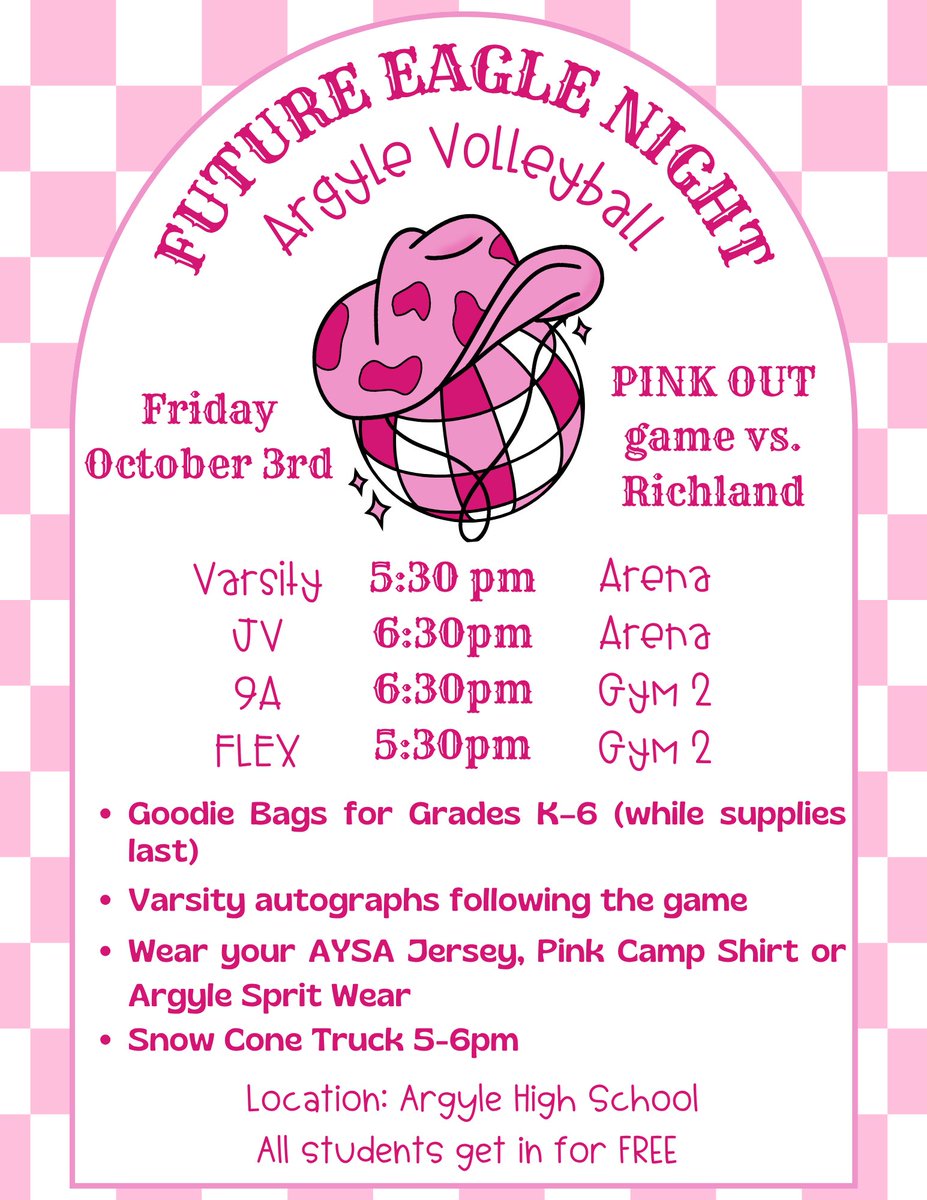 argyleeaglevb's tweet image. We loved welcoming our Future Eagles to school this morning! 🦅 Tomorrow night is Pink Out + Youth Night—pack the stands, wear PINK, and cheer on Argyle Volleyball vs Richland! First serve is set for 5:30pm! 💕🏐