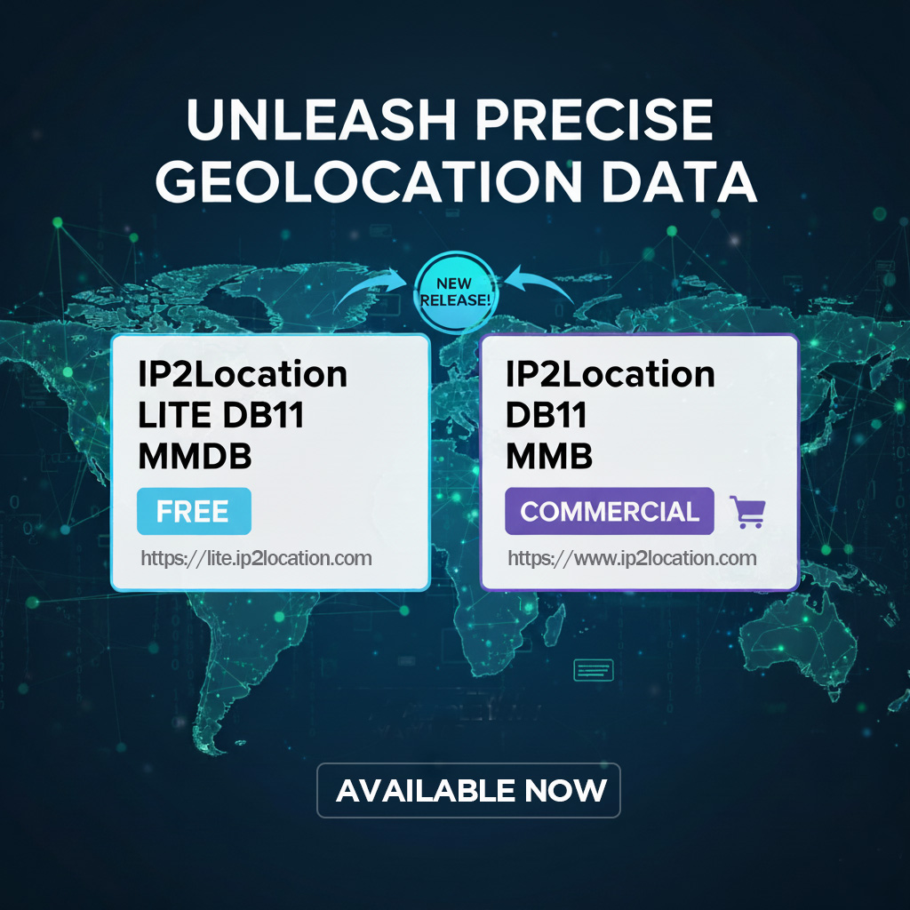 ip2location's tweet image. New Release from IP2Location in MMDB format!

Available in:
-IP2Location LITE DB11 (Free)
-IP2Location DB11 (Commercial version with full data)

Fast, simple IP geolocation solution for app/projects.

🔗ip2location.com/database/db11-…

#IP2Location #Geolocation #MMDB #IPData #IPaddress