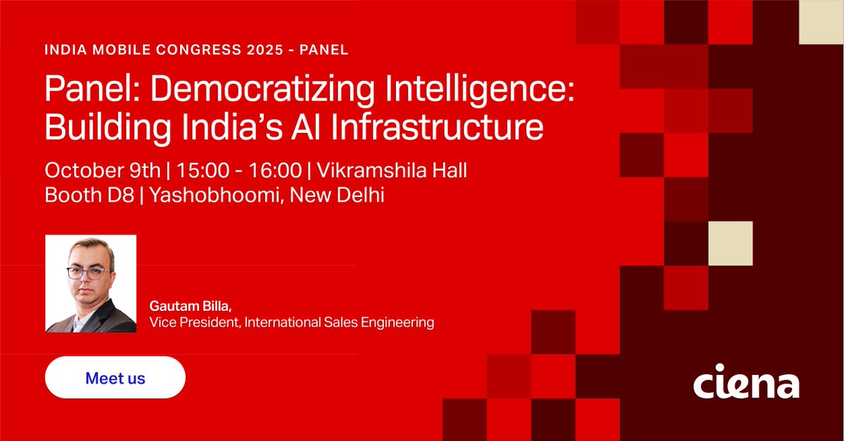 What does it take to build India’s AI infrastructure? Find out with Gautam Billa, VP, International Sales Engineering, Ciena, at <a href="/exploreIMC/">India Mobile Congress</a>. Oct 9 | 3–4 pm | Vikramshila Hall

Meet us: Booth D8 | October 8–11 | New Delhi: web.ciena.com/f62c54

#IMC2025 #IndiaMobileCongress