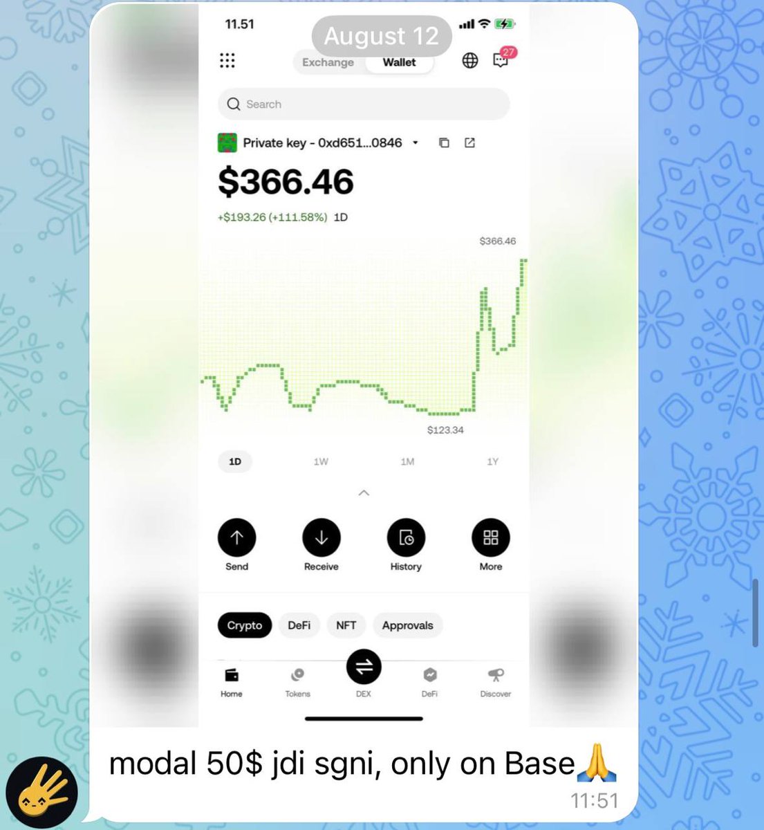 ItsBione's tweet photo. this is it, $50 ke $15k dalam 2 bulan!!! 

mau cerita dikit...
bang pets ini awalnya habis kena bantai token" di Solana dengan nominal lumayan gede, dia sharinglah semuanya (kebetulan satu grup) dan w coba bantu arahin cara research di Base dari awal banget dengan modal kecil $50 aja biar bisa terbiasa ngolah uang.

lalu dia belajar beberapa bulan utk dapetin ilmu research dll sampe conviction terbentuk dan kita akhirnya sering sharing. 
lumayan jatuh bangun di minggu pertama dengan modal sekecil itu karena profit palingan sekitar $5-$30.

perlahan tapi pasti karena dia aktif tiap waktu walau sebenernya dia sibuk kerja jadi budak korporat di real life karena udah berkeluarga juga, capital di crypto makin naik dikit-dikit dan otomatis dari ilmu yg dia bawa dari Base itu berguna juga di BNB chain.

walau ga entry paling awal, tapi dia masih menyempatkan waktu utk research utk cari 'WHY" di token-token itu, dan akhirnya udah dapet banyak alasan dan conviction utk aped that token dengan modal ratusan dollar tersebut.

walau banyak orang entry di harga dan margin yg sama pun, kalau soal conviction tiap orang pasti berbeda.

i'm very happy!! we are making it! 
tolong bantu temen-temen yg lain seperti yg w lakuin ke kalian ya @PradonoNovaldo 
good luck!

note: "don't call him lucky, he failed more times than you tried."