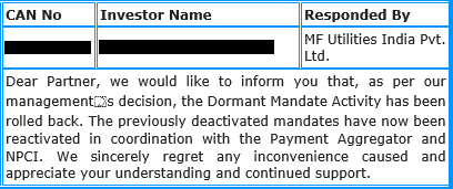 We represent investors &amp; investors' interest.
We raise legitimate issues.
Powers that are, listen.
We ALL win --> "Dormant Mandate Activity has been rolled back" 🎉
Thanks to all those who made it happen <a href="/MF_Utilities/">MF Utilities</a>  <a href="/NPCI_NPCI/">NPCI</a>  <a href="/MFSahiHai/">Mutual Funds Sahi Hai</a>  
<a href="/amfiindia/">AMFI India</a>
