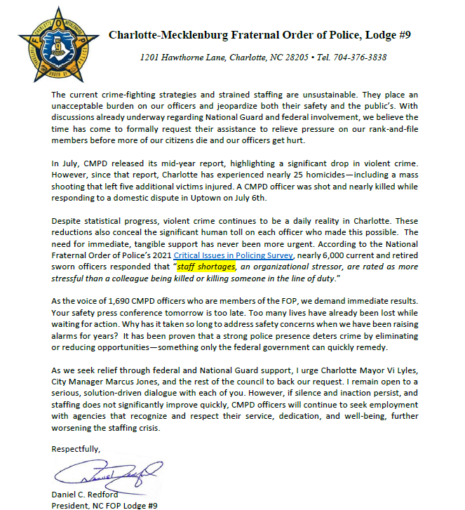 #BREAKING: In a letter to city leaders &amp; the mayor, the CharMeck FOP is requesting the National Guard be sent to #Charlotte. 

The FOP cites 15 homicides since the death of Iryna Zarutska.

"The current crime-fighting strategies and strained staffing are unsustainable." <a href="/wsoctv/">WSOCTV</a>