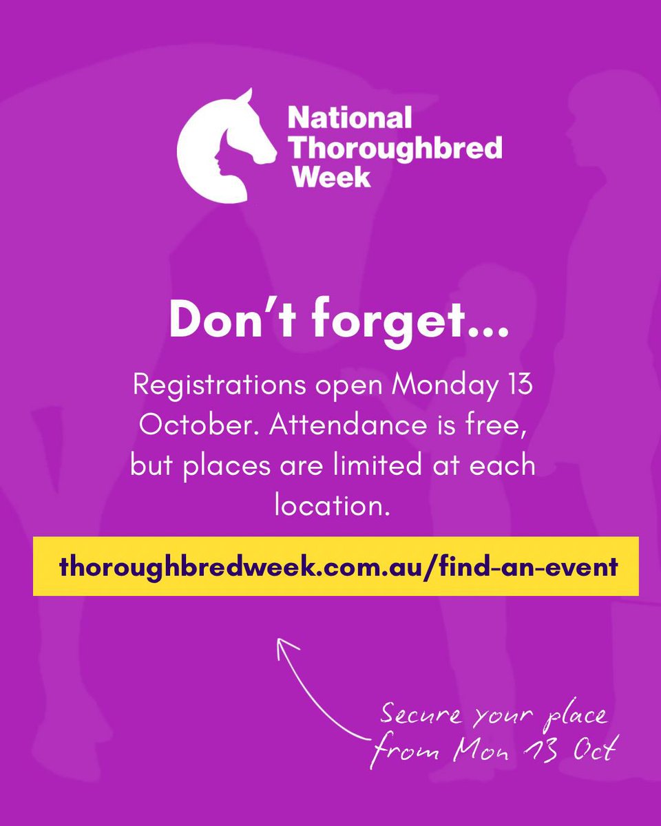 We have 16 NSW hosts already lined up to open their doors to you during National Thoroughbred Week, with more to come 🐴

Registrations open Monday 13 October. Follow us to stay up to date! 

Add it to your diary and grab your friends, it’s going to be fantastic 💜
