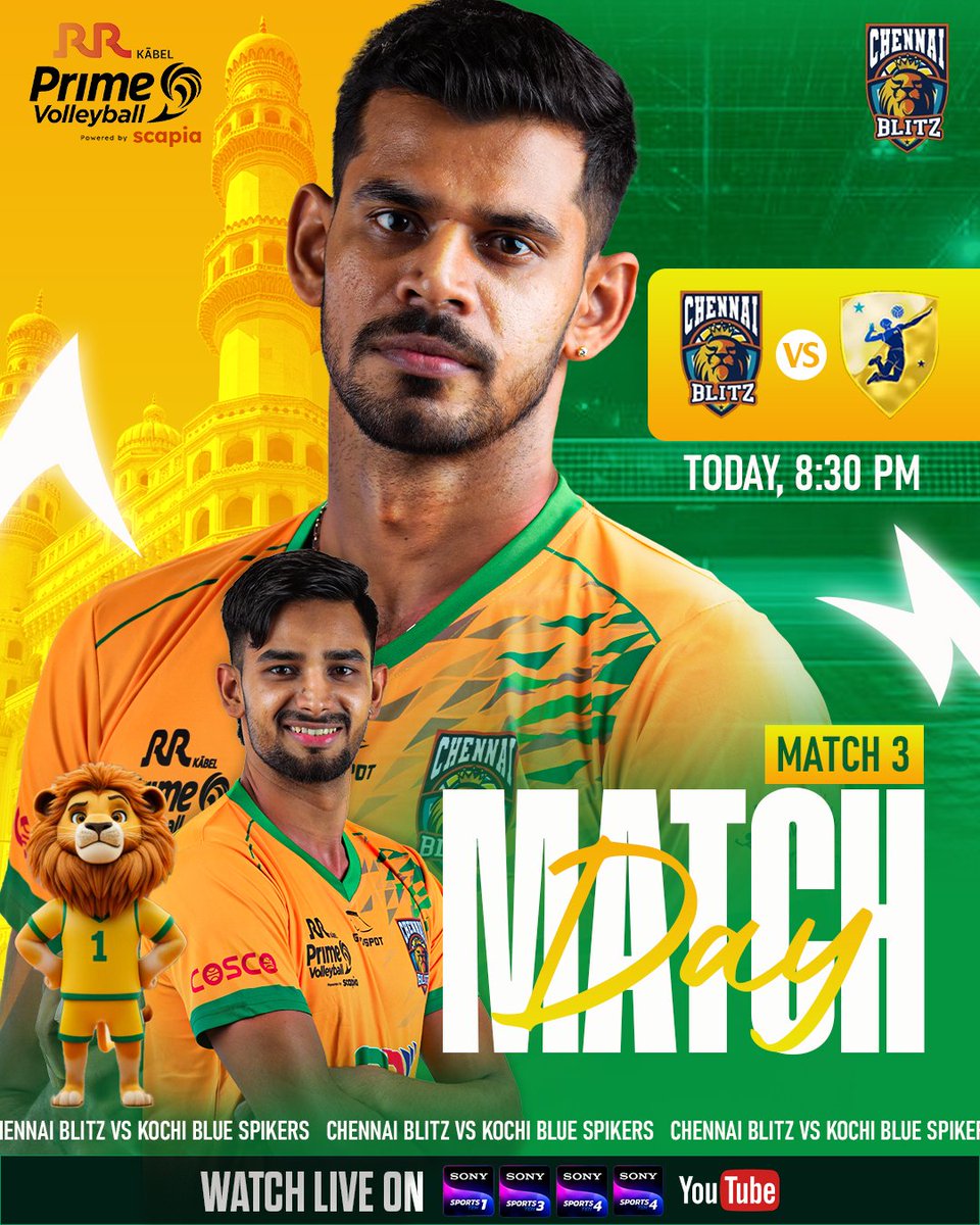 ChennaiBlitz's tweet photo. 📢 All eyes on the court! Chennai Blitz vs Kochi, 8:30 PM sharp. Brace yourself for power smashes, epic rallies, and unbeatable spirit. 🏐💥
#chennaiblitz 
#ChennaiBlitz #primevolleyball 
#season4 #firevolleyball #PrimeVolleyball #PVL #PrimeVolleyballLeague #PVLIndia https://t.co/UiVjBLV3UJ