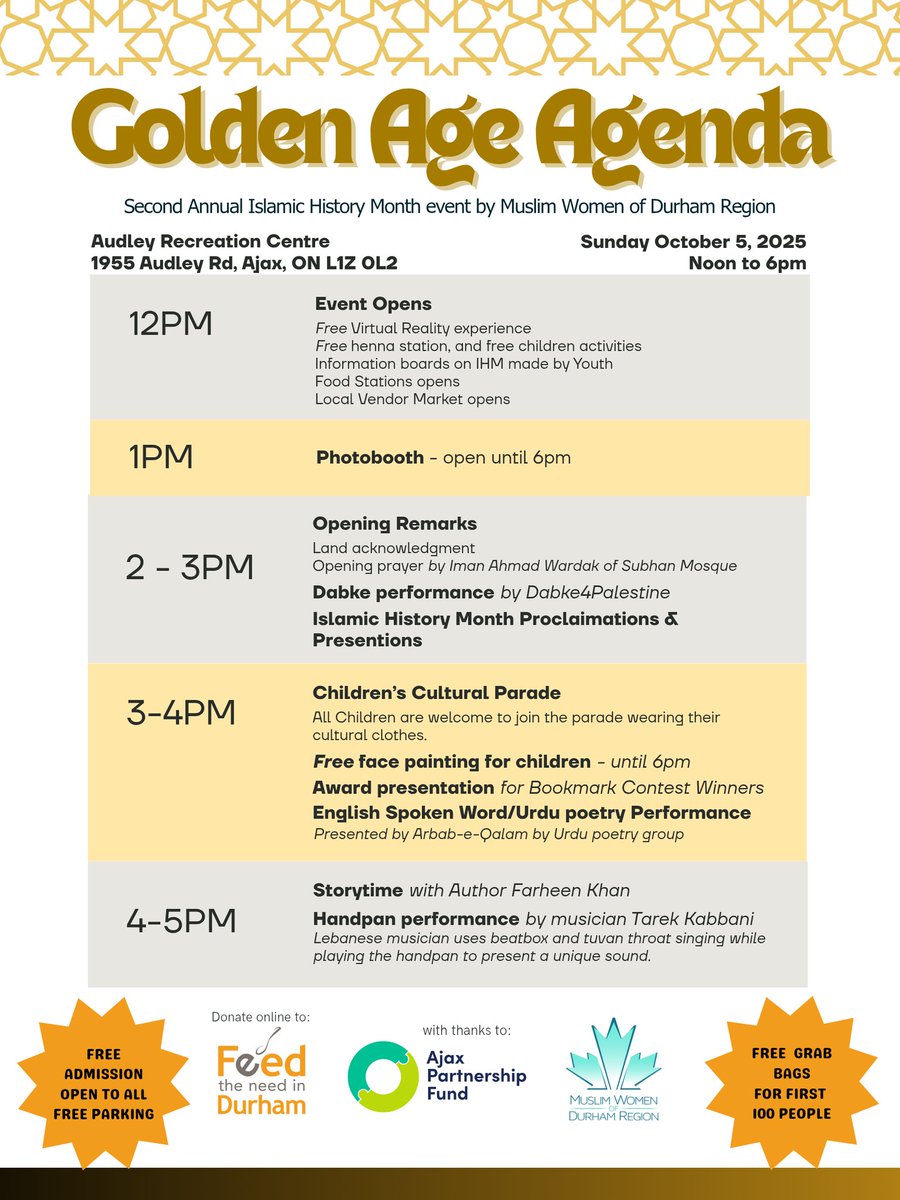 We have an exciting day planned for you and your family.

Please support our online fundraiser for Feed the Need in Durham.

Bring the whole family for a day of fun, food, and community.

#islamichistorymonth