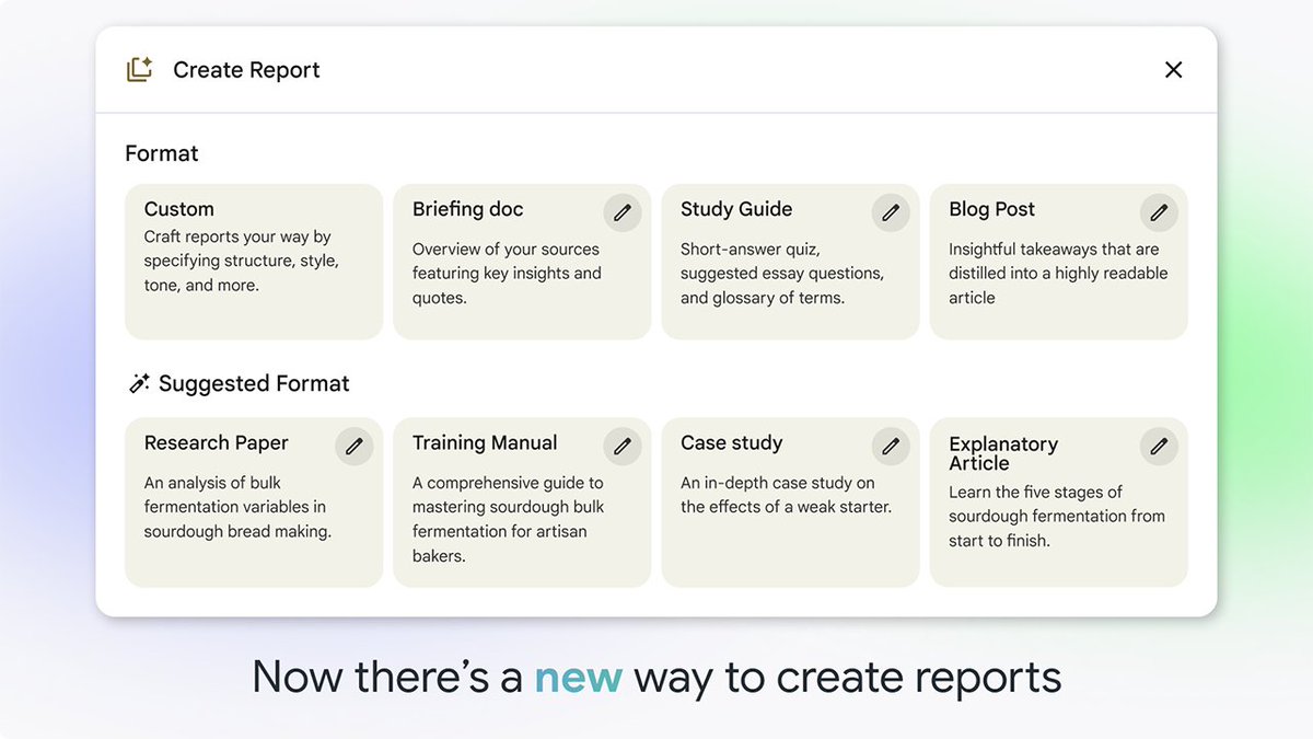 GoogleWorkspace's tweet image. Make sense of your info faster. 🧠 

The new redesigned reports in @NotebookLM dynamically suggest formats based on your content. From magazine-style explainers to detailed critiques, let AI suggest the best way to see your insights. → goo.gle/4nVtZr9
