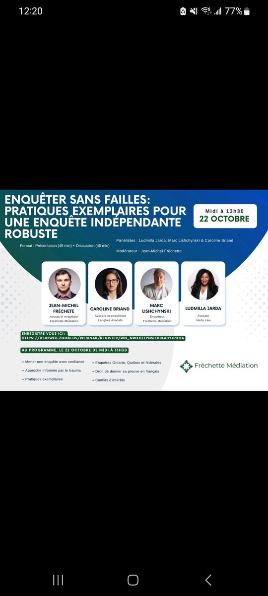 FrechMediation's tweet photo. 🔍 Webinaire : Enquêter sans faille
Rejoignez-nous le 22 octobre de 12h00-13h30 (HE) pour une présentation et un panel d’experts sur les meilleures pratiques en enquêtes indépendantes en milieu de travail.

✅ Inscrivez-vous ici 👉  https://t.co/jGBNyWAn8K
#RH #Enquête #Webinaire https://t.co/Fbxuaa9KnO