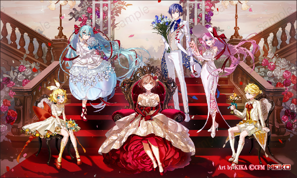 【イラスト紹介①】
KIKA様（x.com/KIKA55171422）による、「記念写真」をテーマとした #初音ミク #MEIKO #KAITO #鏡音リン #鏡音レン #巡音ルカ がお花をイメージした衣装に身を包んだPOP UP STOREのために描き下ろされたイラストです。