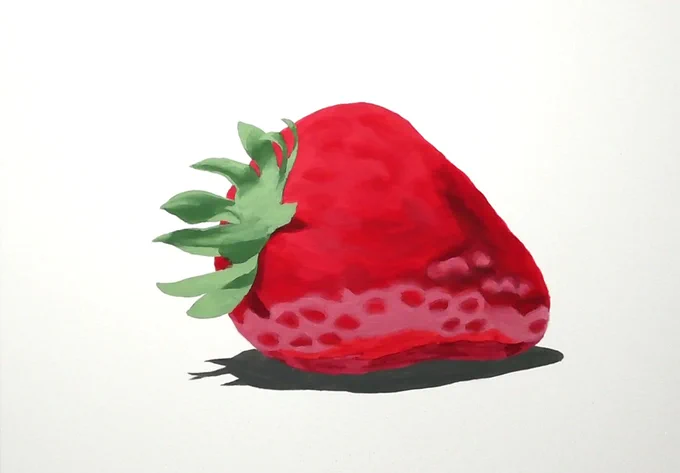 2時間40分くらいで描いたイチゴの描き出しと完成。 粒々は場所によって省略しながらでもイチゴの質感になる。