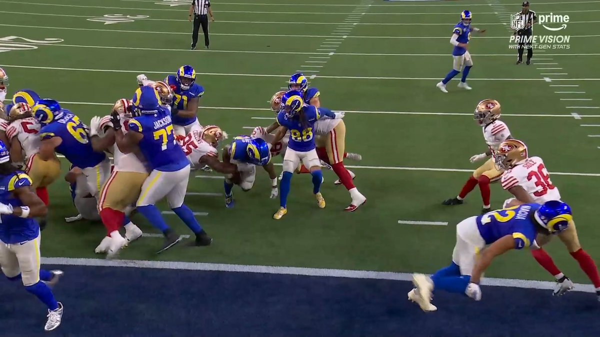 NFLonFOX's tweet photo. Kyren Williams fumbles at the 1-yard line after the ball was punched out 😱 https://t.co/dX2DoiHfA5
