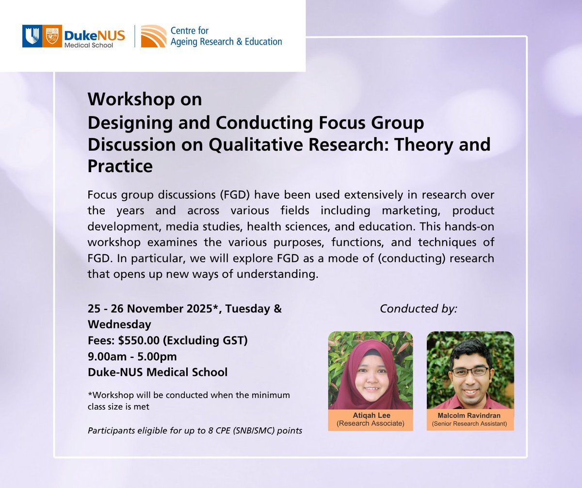 CAREDukeNUS's tweet photo. Focus group discussions (FGD) have been used extensively in research over the years and across various fields.

Join us in this 2-day in-person workshop that examines the various purposes, functions, and techniques of FGD.

Register your interest here: https://t.co/cbZBJ1vp7Y https://t.co/p8XL3EOgKU