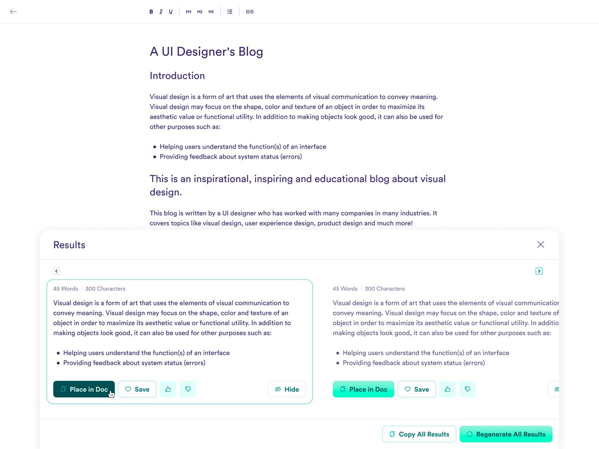 maxburnside's tweet image. An early concept for generating content directly in an AI text editor
