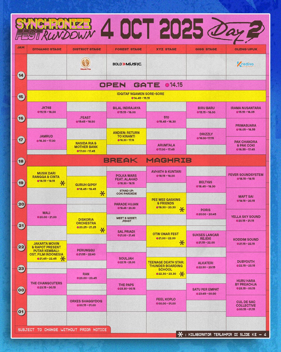 JAKARTA

🗓️ Sabtu, 4 Oktober 2025
📍 Forest Stage, Gambir Expo, Kemayoran
⏰ 19:45 WIB

Yuk saksikan kolaborasi kami bersama Namarina Dance Academy di Scyronnize Fest! Penasaran kayak gimana? Jangan lupa datang ya~

Sampai jumpaaa~

Info lebih lengkap <a href="/SynchronizeFest/">Synchronize Festival</a>