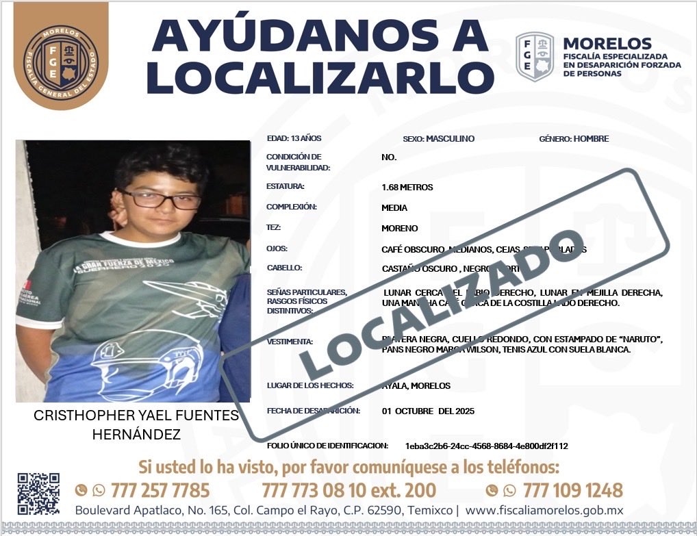 #FiscaliaMorelos agradece de  su colaboración para localizar a CRISTHOPHER YAEL FUENTES HERNÁNDEZ de 13 años de edad.Ya fue localizado.