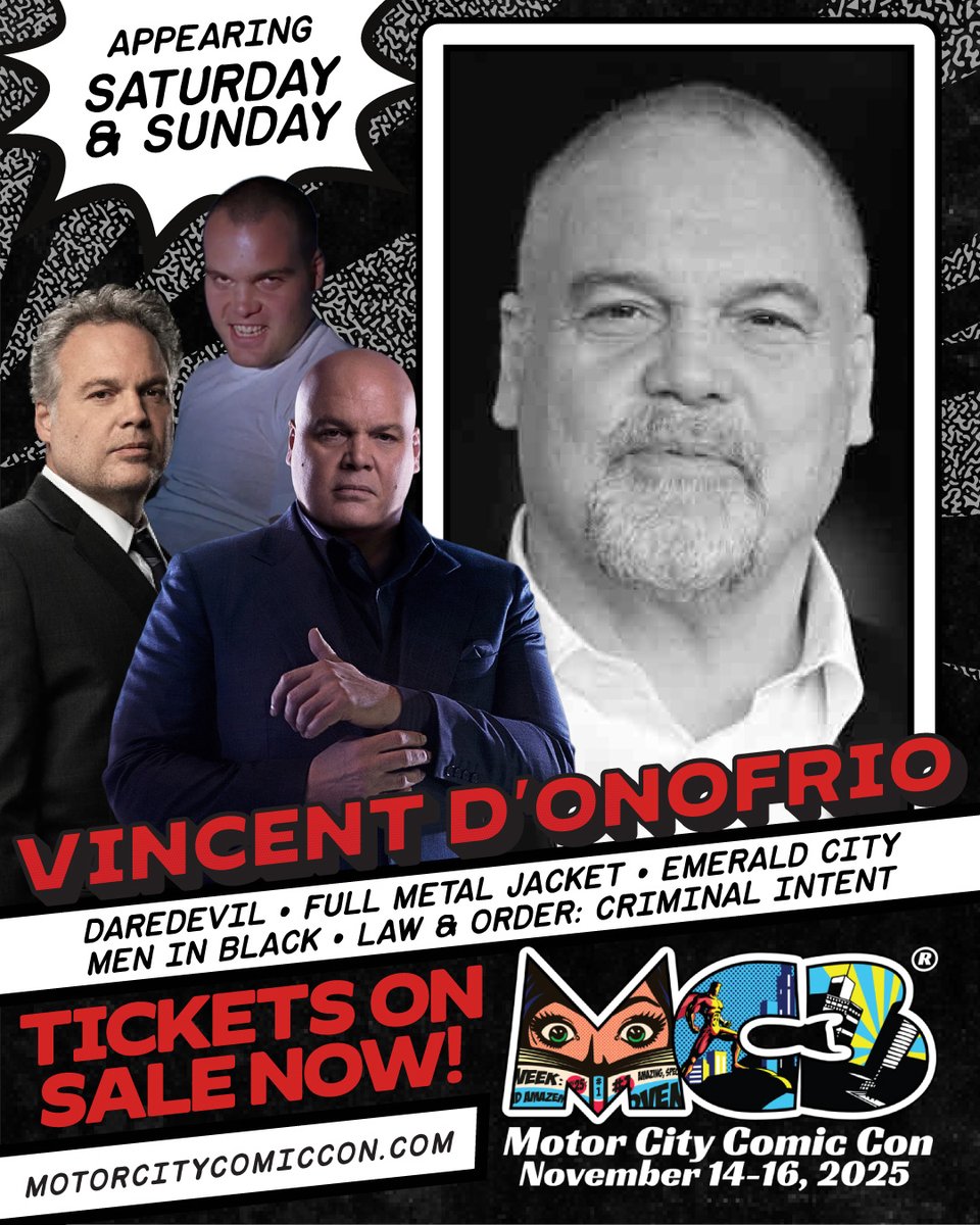 💥We are happy to welcome #Daredevil #FullMetalJacket and #LawAndOrder star #VincentDOnofrio to #MotorCityComicCon this November!

🎟Grab your tickets at captureticketing.com/events/162
📸Get your photo op or autograph at captureticketing.com/events/164