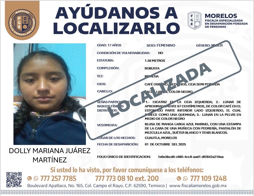 #FiscaliaMorelos agradece de  su colaboración para localizar a DOLLY MARIANA JUÁREZ MARTÍNEZ  de 17 años de edad.Ya fue localizada.
