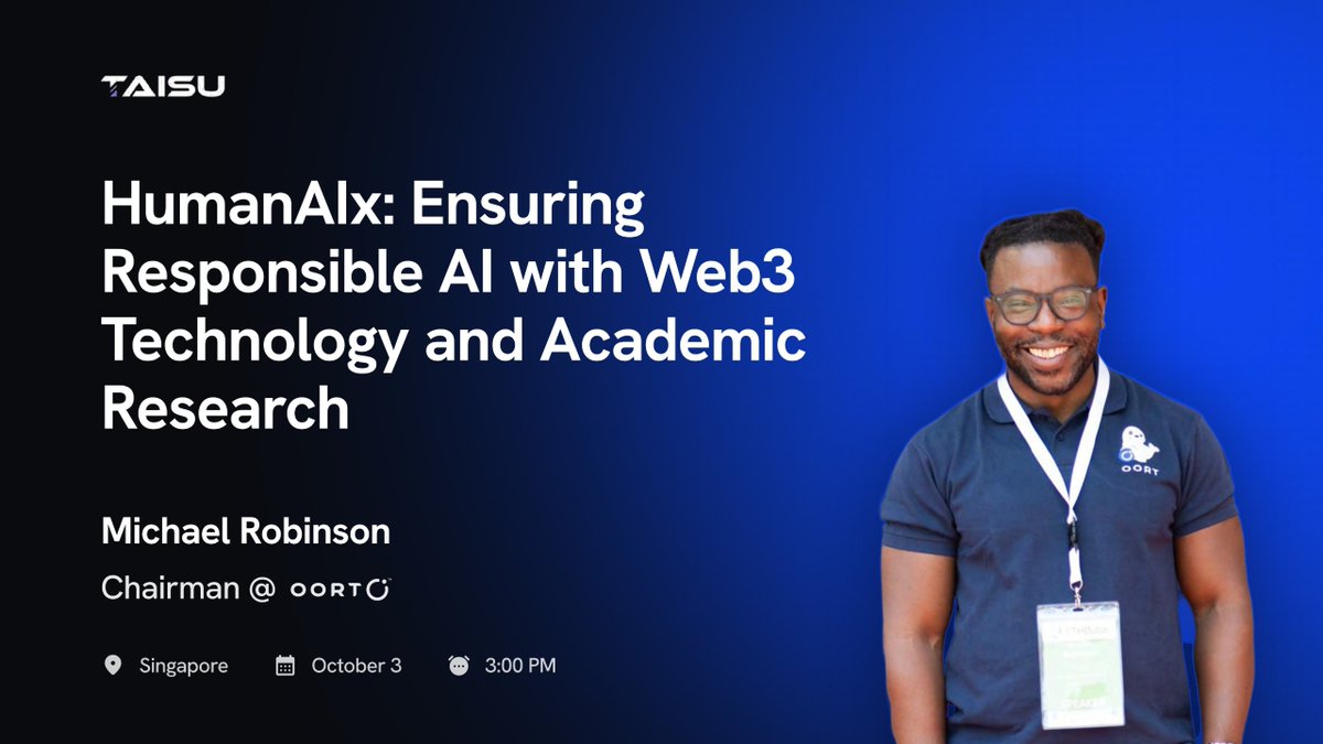 Join us in Singapore on October 3, 2025 to hear Michael Robinson <a href="/oortchair/">Mike Robinson</a> speak about Responsible AI with Web3 Technology and Academic Research on behalf of <a href="/Human_AIx/">HumanAIx</a>. Thank you <a href="/Taisu_Ventures/">Taisu Ventures</a>! 

#TOKEN2049Singapore #cryptotwitter #community #AI #decentralizedAI