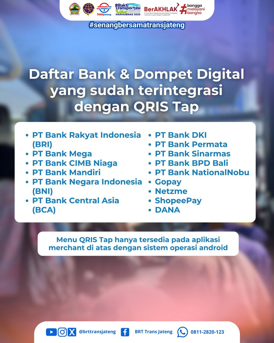 Trans Jateng hadir dengan layanan pembayaran terbaru: QRIS Tap 📲
Mendukung berbagai bank &amp; dompet digital, bikin perjalanan Anda lebih cepat, mudah, dan aman 🚍
Yuk, beralih ke pembayaran digital sekarang!
#SenangBersamaTransJateng
<a href="/kominfo_jtg/">Kominfo Jateng</a> <a href="/perhubunganjtg/">Perhubungan Jateng</a>