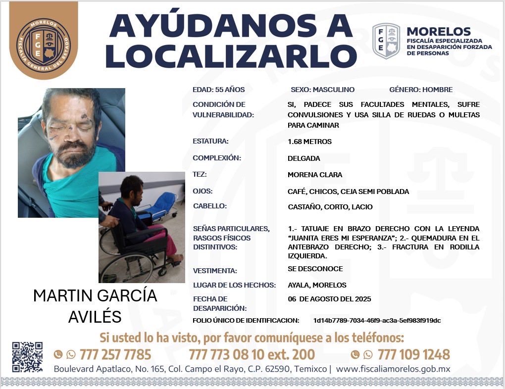 #FiscaliaMorelos solicita su colaboración para localizar a MARTÍN GARCÍA AVILÉS de 55 años de edad.